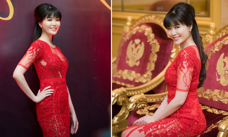 Hoa hậu Thu Thủy quyến rũ với váy ren đỏ