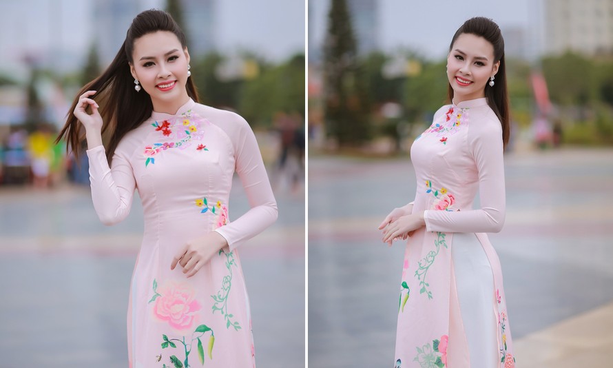 Hoa hậu biển Thùy Trang dịu dàng trong tà áo dài nền nã