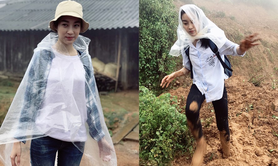 Hoa hậu Mỹ Linh dầm mưa thực hiện dự án nhân ái dù bị cô lập ở Yên Bái