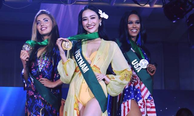 Thắng giải trang phục đi biển, Hà Thu vươn lên dẫn đầu tại Miss Earth