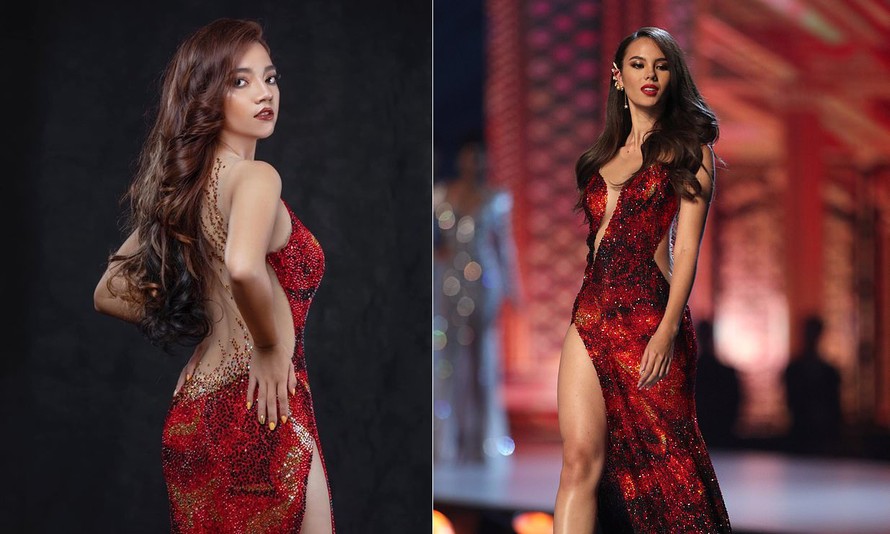 Thí sinh Hoa hậu Trái đất Myanmar nhái trắng trợn váy dạ hội của Hoa hậu Catriona Gray.