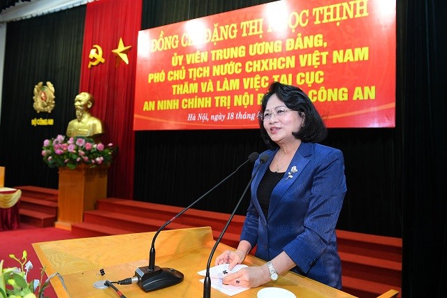 Phó Chủ tịch nước Đặng Thị Ngọc Thịnh phát biểu tại buổi làm việc. Ảnh: Cổng TTĐT Bộ Công an