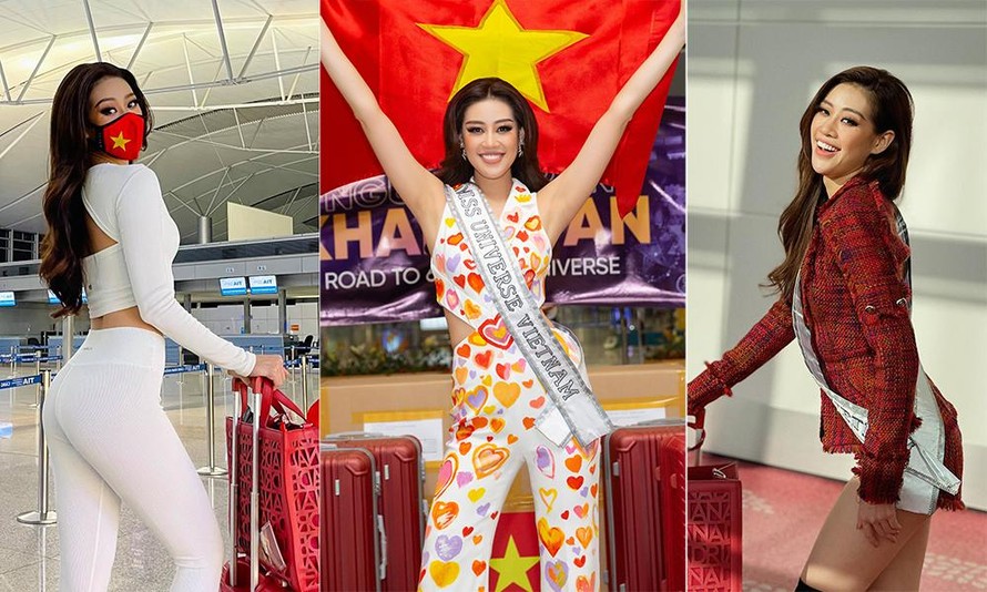 Lên đường sang Mỹ thi Miss Universe, Khánh Vân liên tục thay đồ như 'tắc kè hoa' ở sân bay
