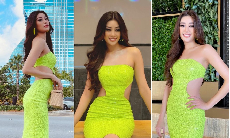 Ngày đầu thi Miss Universe, Khánh Vân khôn khéo 'bắt trend' mặc váy neon khoét eo sexy