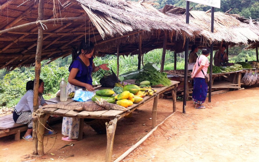 Các nữ sinh mang rau, quả ra chợ ven đường bán để giúp đỡ cha mẹ