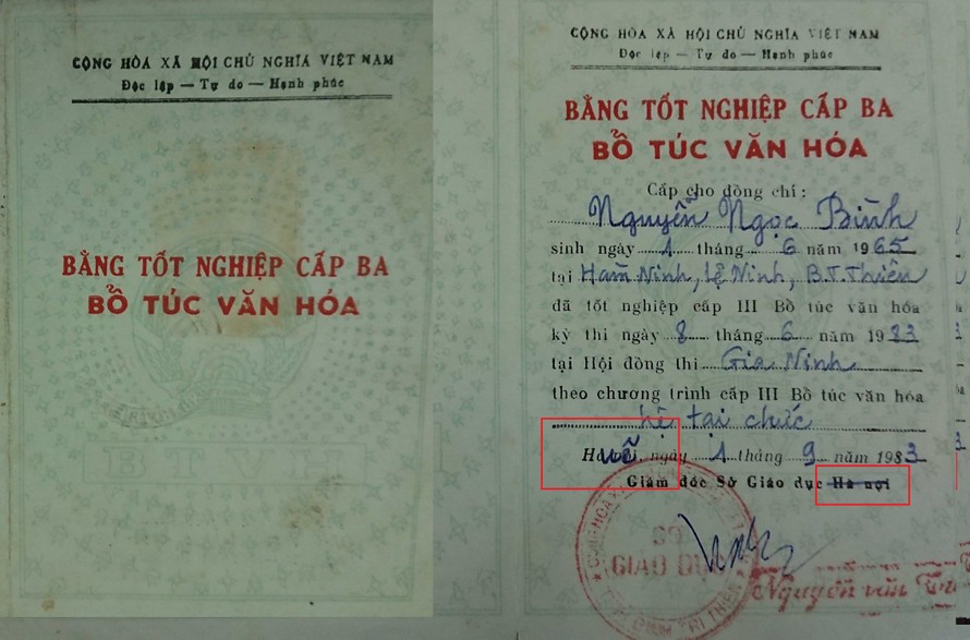 Bằng tốt nghiệp cấp 3 bổ túc văn hóa của ông Bình gạch và chèn chữ Huế lên chữ Hà Nội (ô vuông màu đỏ)