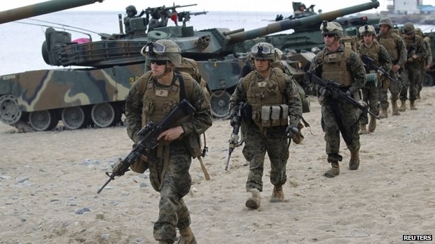 Lực lượng lính thủy đánh bộ Mỹ tham gia tập trận. Ảnh: Reuters