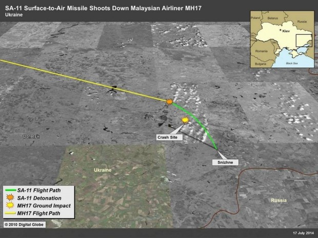 Đồ họa của Mỹ mô tả đường đi của tên lửa đất đối không được cho là đã bắn hạ máy bay hành khách mang số hiệu MH17 của Malaysia hôm 17/7 vừa qua