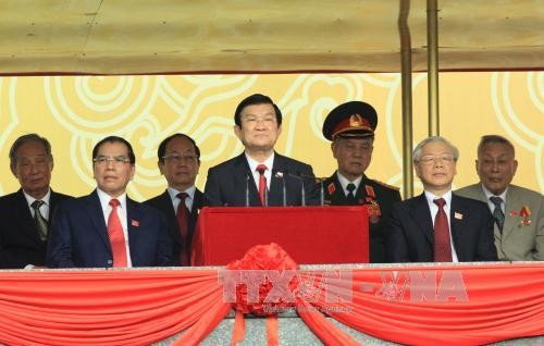 Chủ tịch nước Trương Tấn Sang đọc diễn văn kỷ niệm tại Quảng trường Ba Đình. Ảnh: TTXVN