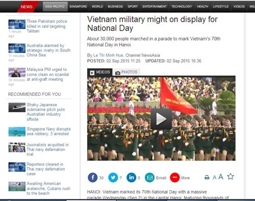 Bài viết về lễ diễu binh, diễu hành mừng Quốc khánh Việt Nam được đăng tải trên CNA. Ảnh chụp màn hình