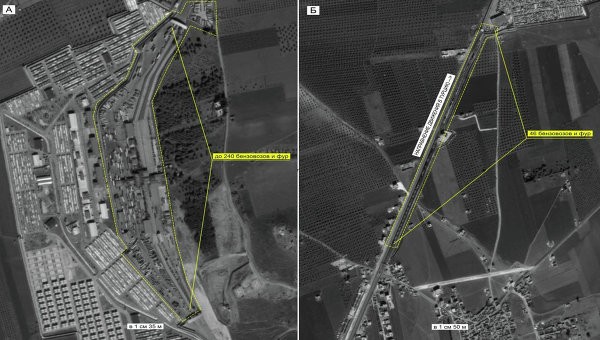 Hình ảnh vệ tinh do tình báo Nga cung cấp, ghi lại hàng ngàn xe bồn, xe tải hạng nặng chở dầu trên biên giới Thổ Nhĩ Kỳ - Iraq. Ảnh: Bộ Quốc phòng Nga.