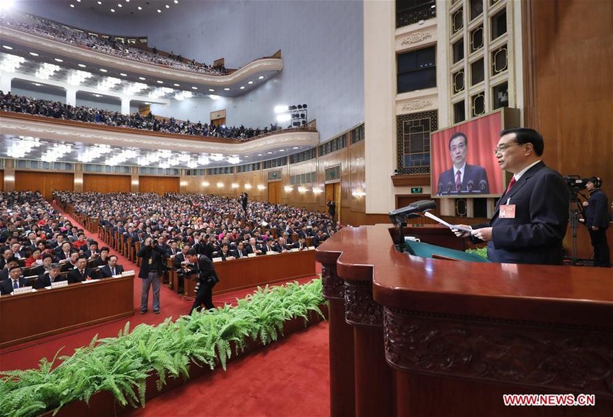 Thủ tướng Trung Quốc, ông Lý Khác Cường tại phiên khai mạc Kỳ họp thường niên. Ảnh:Xinhua