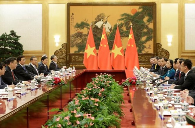 Quang cảnh buổi hội đàm giữa hai nguyên thủ Việt Nam và Trung Quốc. (Nguồn: Reuters) 