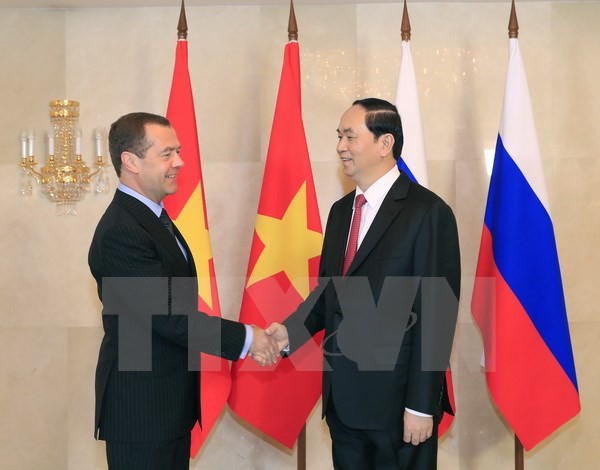 Chủ tịch nước Trần Đại Quang hội kiến Thủ tướng Chính phủ Liên Nga D. Medvedev. (Ảnh: Nhan Sáng/TTXVN)