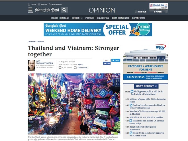 Bài viết về quan hệ Việt Nam, Thái Lan trên tờ Bangkok Post. (Nguồn: Bangkok Post)