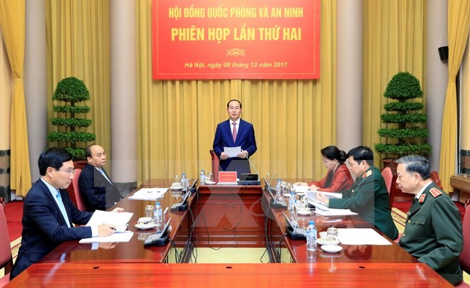 Chủ tịch nước Trần Đại Quang, Chủ tịch Hội đồng Quốc phòng và An ninh chủ trì Phiên họp thứ hai Hội đồng Quốc phòng và An ninh, nhiệm kỳ 2016-2021. (Ảnh: Nhan Sáng/TTXVN.) 
