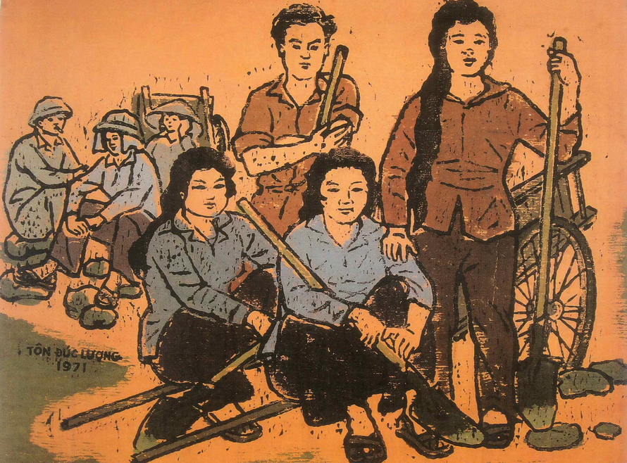 Nghỉ giữa buổi năm 1971, in khắc gỗ màu 31x41cm