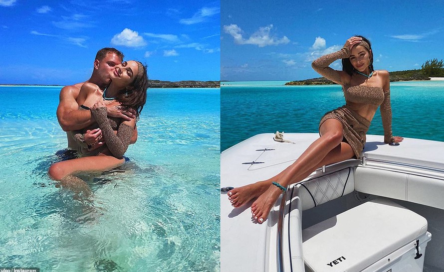 Hoa hậu Hoàn vũ Olivia Culpo ôm hôn mặn nồng bạn trai cầu thủ ở biển
