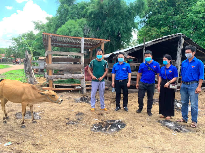 Phó Bí thư Tỉnh đoàn Gia Lai Đỗ Duy Nam (thứ hai từ trái qua) tặng bò giống cho thanh niên nghèo xã Ia Pia, huyện Chư Prông