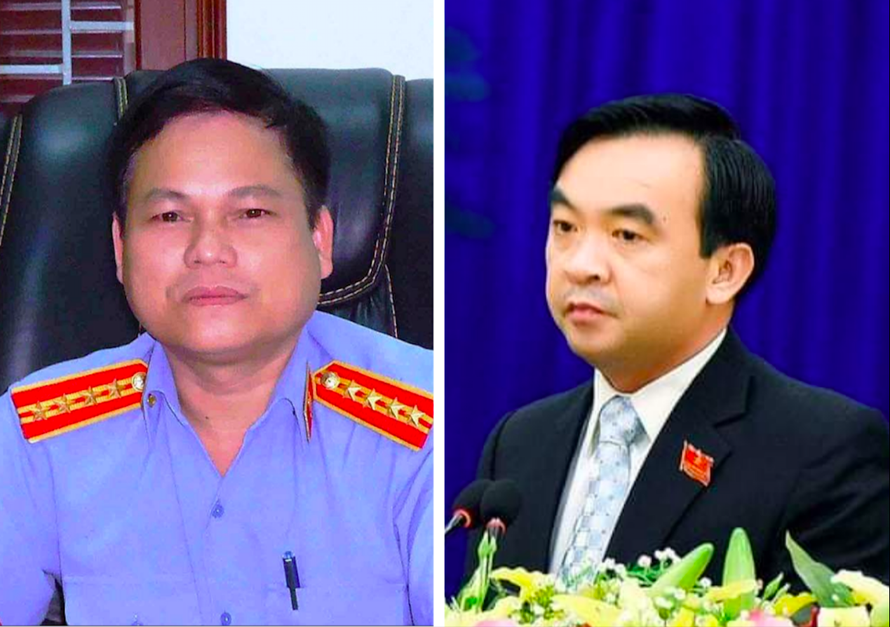Ông Nguyễn Văn Quân (áo xanh) thời điểm còn làm ở VKSND tỉnh Gia Lai và ông Đặng Phan Chung