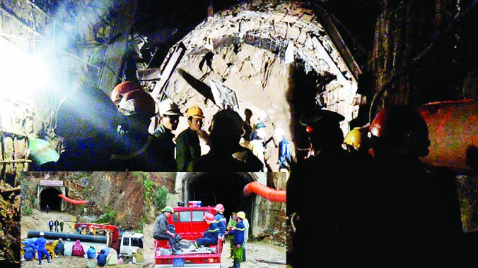 Đoạn hầm bị sập (ảnh lớn); Chở ống thoát hiểm đến hiện trường và xe cứu hộ chờ trước cửa hầm (ảnh nhỏ). Ảnh: K.A.