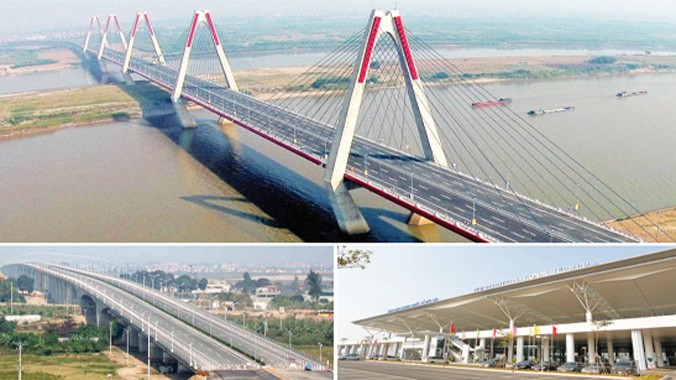 Cụm dự án Nhật Tân - Nội Bài mới khánh thành: Cầu Nhật Tân (ảnh trên), đường Võ Nguyên Giáp (trái), nhà ga T2 (phải). Ảnh: PV.
