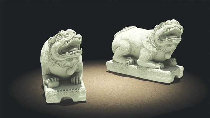 Đôi sư tử chùa Thông (Thanh Hóa) bị đập vỡ, nay được Trí Quang phục dựng nguyên trạng bằng công nghệ 3D. Ảnh: vr3d.