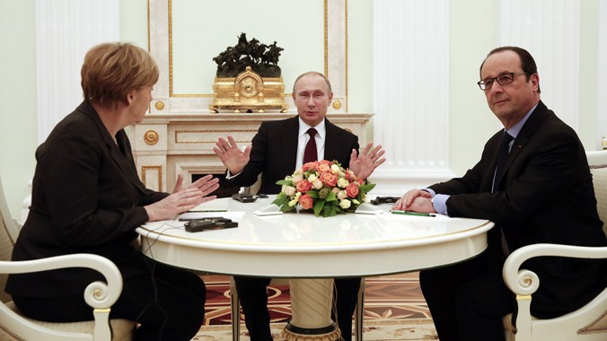 Tổng thống Nga, Thủ tướng Đức và Tổng thống Pháp gặp nhau ngày 6/2 tại Mátxcơva. Ảnh: Getty Images.