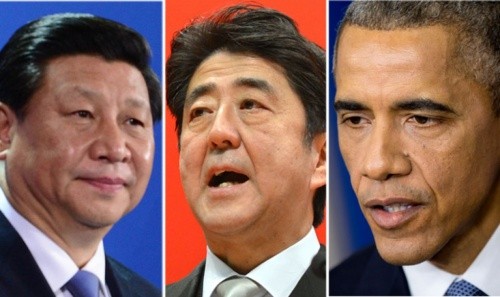  Chủ tịch Trung Quốc Tập Cận Bình (trái), Thủ tướng Nhật Shinzo Abe và Tổng thống Mỹ Barack Obama. Ảnh: SCMP