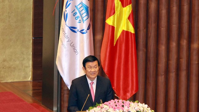 Chủ tịch nước Trương Tấn Sang đến dự và phát biểu chào mừng IPU-132. Ảnh: Anh Tuấn.