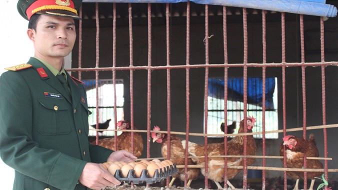 Thượng úy Nguyễn Văn Quý (Trợ lý Quân nhu, Ban Hậu cần Trung đoàn 18) cho biết, trung bình một ngày, thu được 1.100 quả trứng từ đàn gà đẻ 1.500 con của đơn vị. Ảnh: Nguyễn Minh.