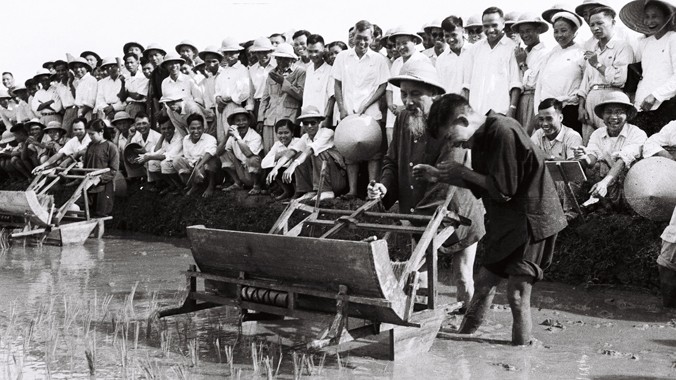Bác Hồ điều khiển máy cấy tại trại thí nghiệm lúa thuộc Sở Nông Lâm Hà Nội, năm 1960. Ảnh: Mai Nam.