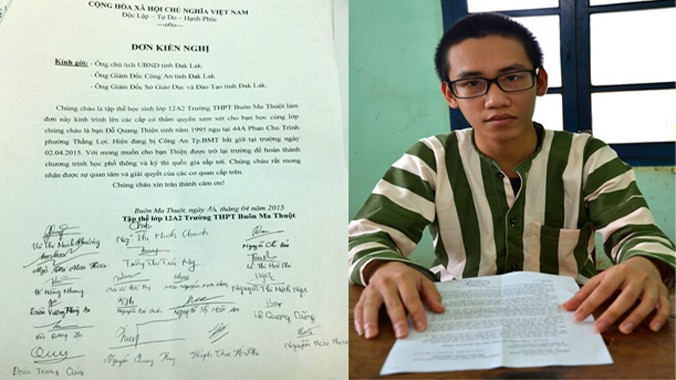 Học sinh Đỗ Quang Thiện trong trại giam và đơn kiến nghị của các bạn cùng lớp.