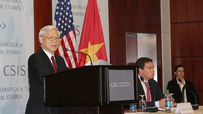 Tổng Bí thư Nguyễn Phú Trọng nói chuyện tại Trung tâm Nghiên cứu Chiến lược và Quốc tế. Ảnh: TTXVN.