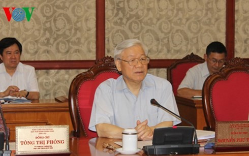 Tổng bí thư Nguyễn Phú Trọng phát biểu tại buổi làm việc của Bộ Chính trị với Đảng bộ tỉnh Tiền Giang. Ảnh: VOV