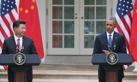 Lãnh đạo Mỹ - Trung trong cuộc họp báo hôm qua tại Vườn Hồng, Nhà Trắng. Ảnh: Reuters