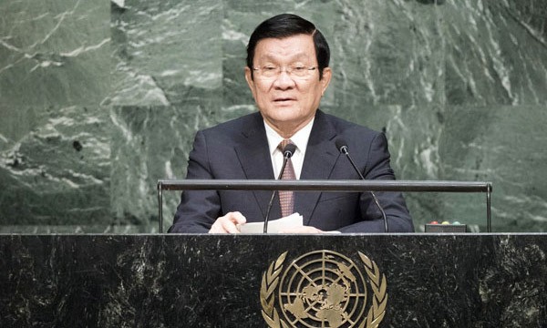 Chủ tịch nước Trương Tấn Sang phát biểu tại phiên họp toàn thể Hội nghị Thượng đỉnh ngày 25-9. Ảnh: Sài Gòn Giải Phóng.