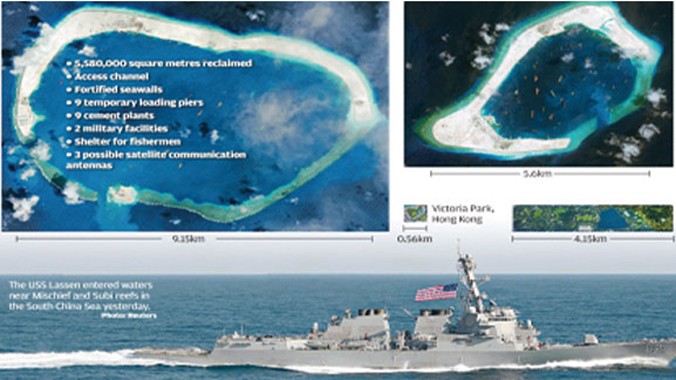 Chiến hạm Mỹ USS Lassen tiến vào khu vực gần đảo nhân tạo Trung Quốc xây trái phép và ảnh vệ tinh đá Vành Khăn (trái) và Xu Bi. Ảnh: SCMP.