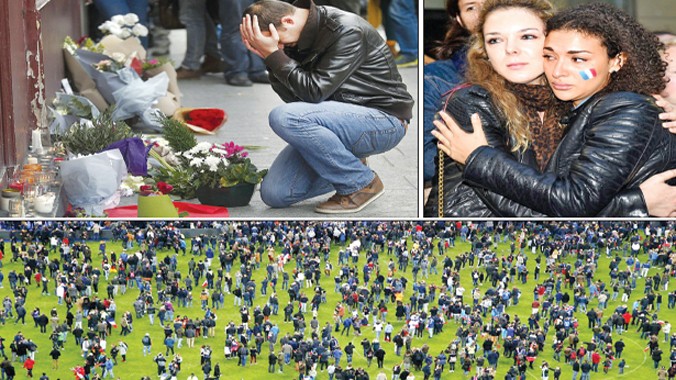 Người dân cầu nguyện cho những nạn nhân vụ thảm sát tại Paris và Quang cảnh náo loạn tại sân vận động State de France.