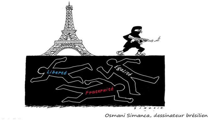Osmani Simanca họa sỹ Brésil đã vẽ kẻ khủng bố muốn hủy diệt Paris tức là muốn hủy diệt chôn vùi tự do bình đẳng bác ái.