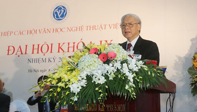 Tổng Bí thư Nguyễn Phú Trọng phát biểu chỉ đạo Đại hội đại biểu toàn quốc Liên hiệp các Hội Văn học Nghệ thuật Việt Nam khóa IX.