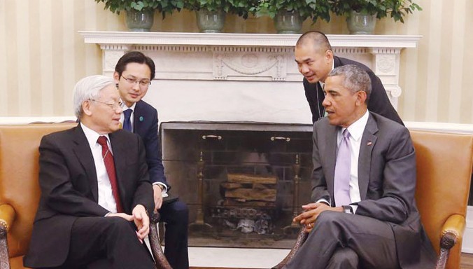 Ngày 7/7/2015, tại Nhà Trắng, Tổng Bí thư Nguyễn Phú Trọng hội đàm với Tổng thống Mỹ Barack Obama. Ảnh: TTXVN.