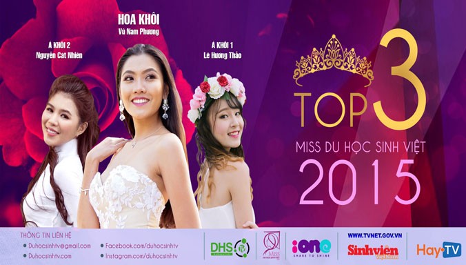 Hình ảnh các thí sinh top 3 của cuộc thi Miss Du học sinh Việt 2015 đoạt giải - một dự án do Hà Duy cùng cộng đồng du học sinh Việt tại nhiều quốc gia tổ chức thành công.