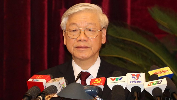 Tổng Bí thư Nguyễn Phú Trọng phát biểu bế mạc hội nghị. Ảnh: TTXVN.