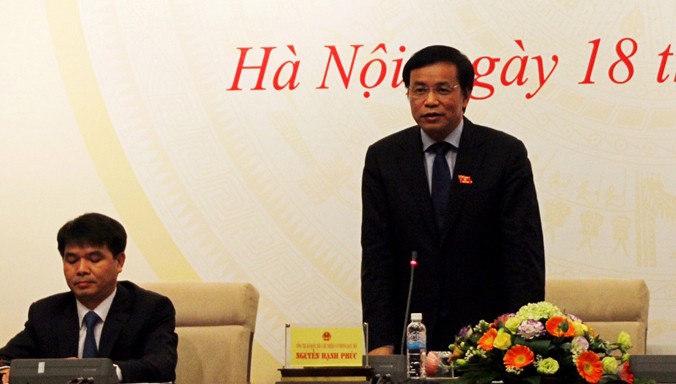 Ông Nguyễn Hạnh Phúc, Tổng Thư ký Quốc hội, Chủ nhiệm Văn phòng Quốc hội, phát biểu tại họp báo, Ảnh: Nhật Anh.