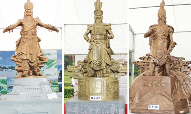 Người dân được khuyến khích bỏ phiếu chọn mẫu tượng đài Hùng Vương. Hiện ba mẫu phác thảo xuất sắc nhất có mặt ở Khu di tích lịch sử đền Hùng. Ảnh: Văn Trọng.