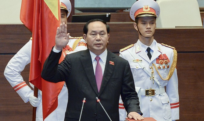 Chủ tịch nước Trần Đại Quang tại lễ tuyên thệ chiều 25/7. Ảnh: Như Ý.