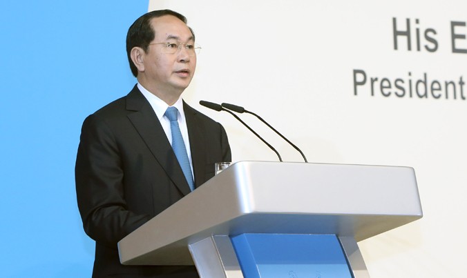Chủ tịch nước Trần Đại Quang phát biểu tại Đối thoại Singapore sáng 30/8. Ảnh: TTXVN.