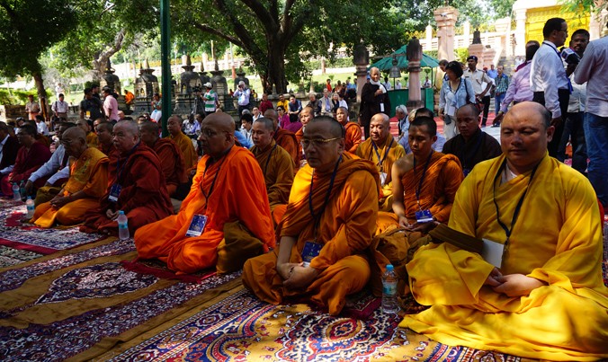 Các nhà sư Việt Nam và nước ngoài thiền tọa dưới gốc cây bồ đề cổ ở Bodh Gaya. Ảnh: Lan Anh.