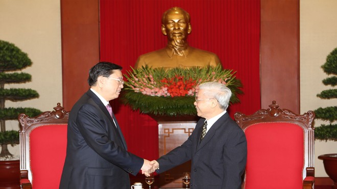Tổng Bí thư Nguyễn Phú Trọng tiếp Chủ tịch Quốc hội Trung Quốc Trương Đức Giang. Ảnh: TTXVN.